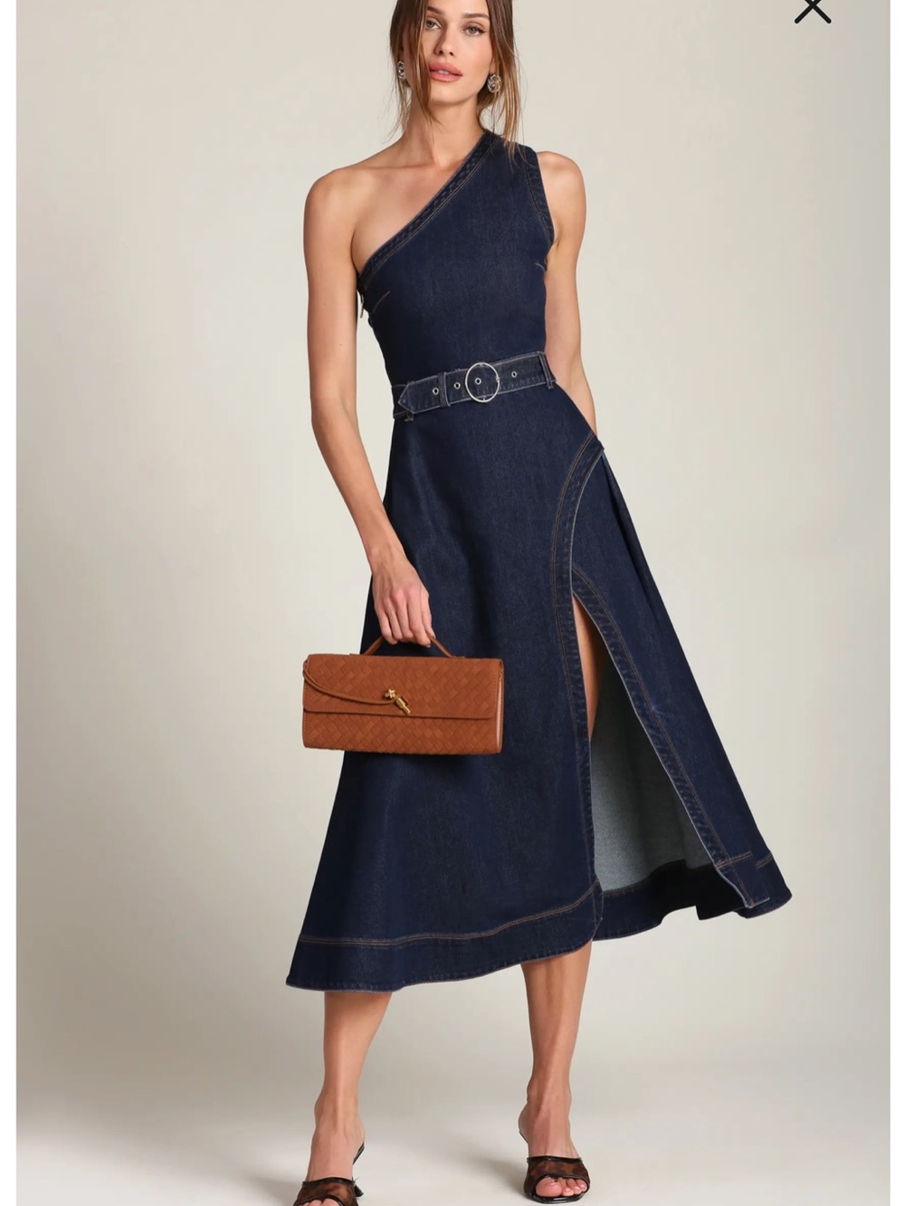 Avec Les Filles One-Shoulder Dark Blue Denim Midi Dress with Belt size 2.